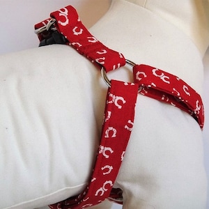 Dog Harness and (optional) Leash - Fabric Step-in Dog Harness - Red Harness with Horseshoes - Boy Dog Harness - Dog Collar Alternative