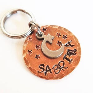 Small Dog Tag - Moon and Stars Cat Tag - Hand Stamped Aged Copper Pet ID Tag - Celestial Cat Tag