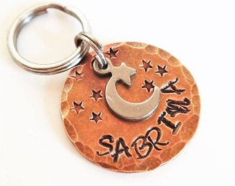 Small Dog Tag - Moon and Stars Cat Tag - Hand Stamped Aged Copper Pet ID Tag - Celestial Cat Tag