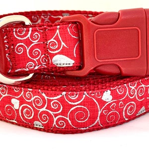 Red and Silver Valentine Dog Collar and (optional) Leash Set with Hearts - Fancy Small or Large Dog Collar for Valentines Day