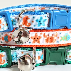 Cat or Kitten Collar with Colorful Sea Creatures Fish, Crab, Seahorse-Cat Collar with Breakaway Collar & Removable Bell