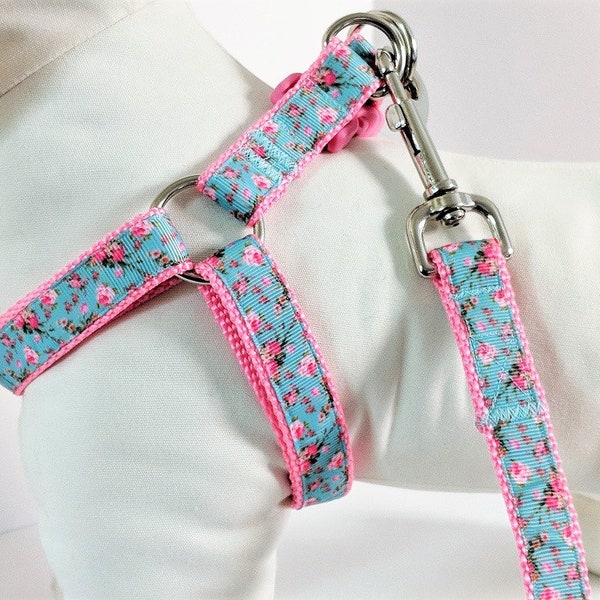 Step-in Dog Harnessand (optional) Leash - Pink and Aqua Floral Dog Harness - Girl Dog Harness - Dog Collar Alternative