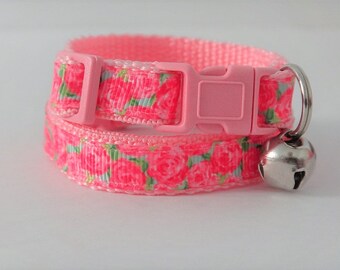 Cat Collar - Kitten Collar - Pink Cat Collar with Flowers-Girl cat collar-Adjustable Breakaway Cat Collar-Cat Collar with Removable Bell