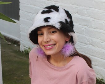 Black cow print faux fur bucket hat - unisex