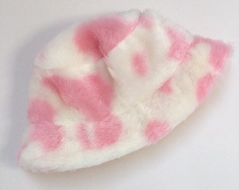Baby Pink Cow Print Faux Fur Bucket Hat