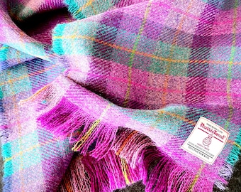 Harris Tweed 100% Wool Scarf Purple Pink Teal Green Orange Coral Salmon Light Bright Check Traditional Punk