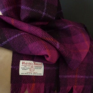 Harris Tweed Scarf Pure Wool Dark Aubergine Purple Hot Magenta Orange Lilac Check Traditional Classic