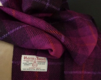 Harris Tweed Scarf Pure Wool Dark Aubergine Purple Hot Magenta Orange Lilac Check Traditional Classic