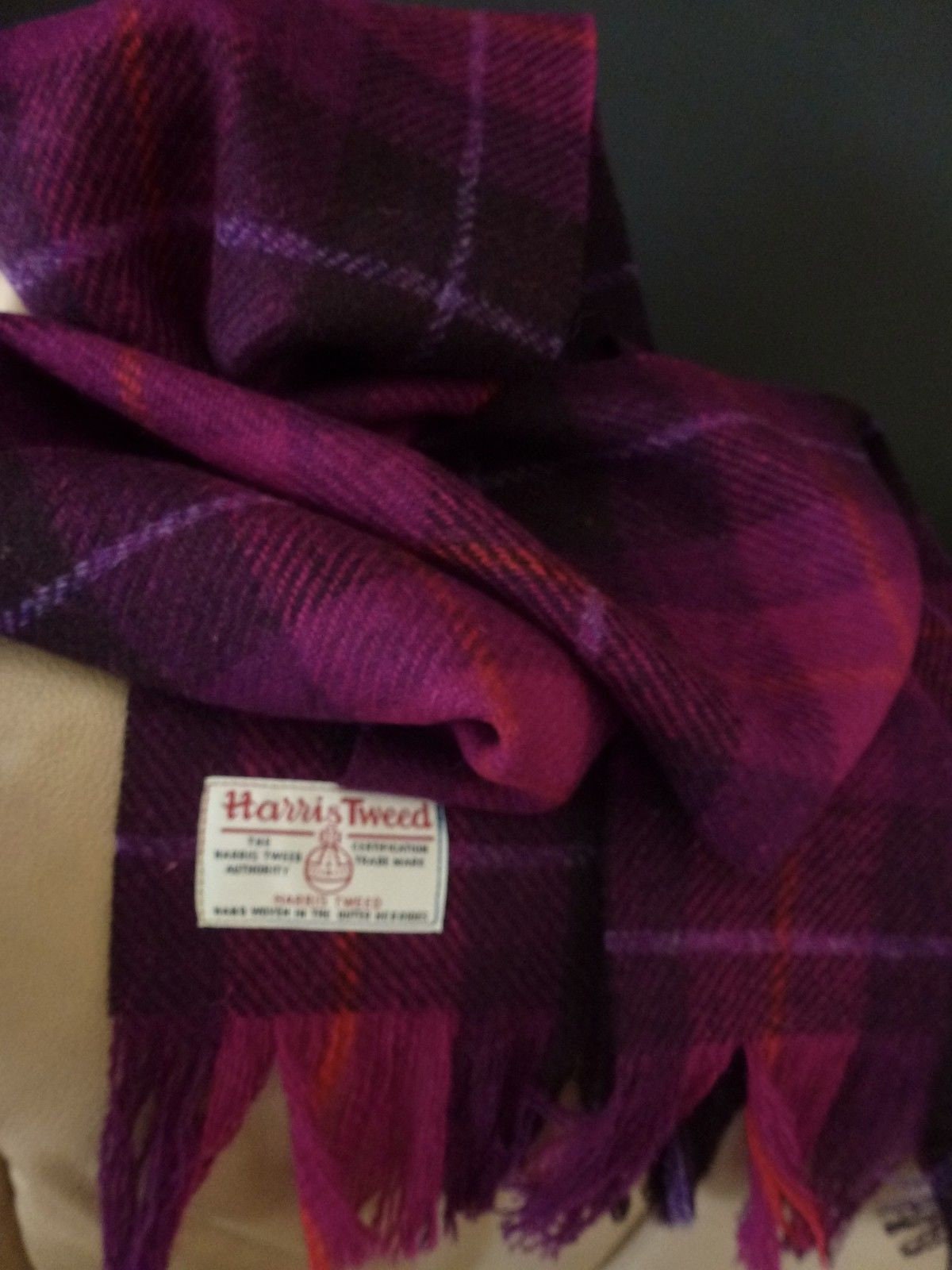 Harris Tweed Scarf Pure Wool Dark Aubergine Purple Hot Magenta Orange Lilac Check Traditional Classic