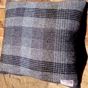 Harris Tweed RECTANGULAR Cushion cover Grey Slate Charcoal Black Smokey Blue Cotton Velvet 20&quot; x 12” Wool Check Traditional Classic