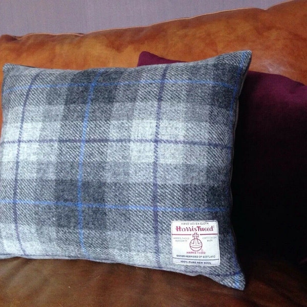 Harris Tweed Cushion Cover Grey Silver Charcoal Cotton Velvet Classic Rectangle Hard wearing Purple Blue Weave Check