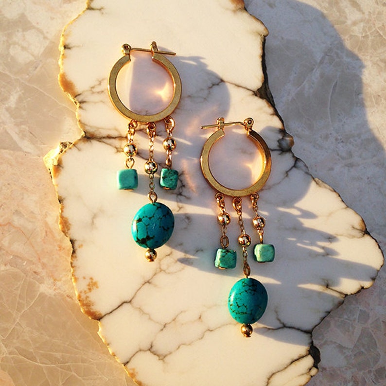 Gold Hoops Turquoise Earrings Valentine/'s Day Gift Turquoise Beads Hoop Earrings Turquoise Jewelry