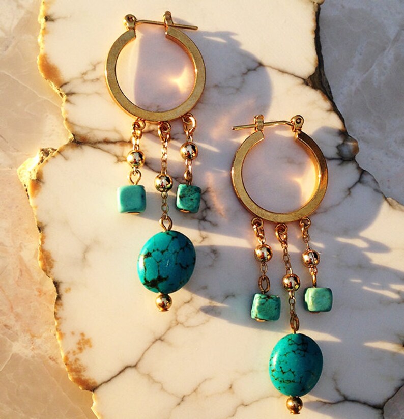 Gold Hoops Turquoise Earrings Valentine/'s Day Gift Turquoise Beads Hoop Earrings Turquoise Jewelry