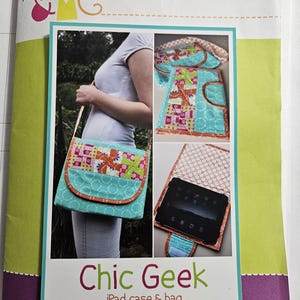 May include: A teal and patterned iPad case and bag set. The bag features a flap closure and a colorful patchwork design. The image also shows a matching case and a person holding the bag. The text "Chic Geek" and "iPad case & bag" are visible.
