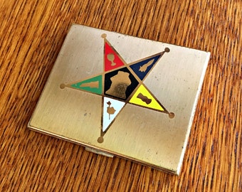 Vintage Ladies Fraternal Order Of The Eastern Star Compact ~ OES Vintage Gold Toned Compact