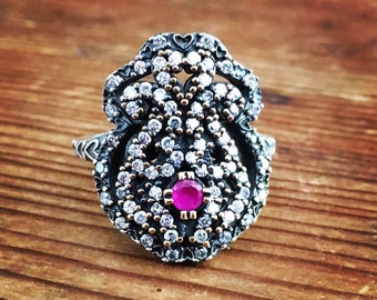 Victorian Hearts Art Nouveau Antique Ring ~ Sterling Silver and Faceted Crystal Antique Ring with Ruby