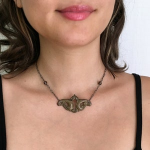 Antique Art Nouveau Keyhole Necklace on Antiqued Sterling Silver Chain ~ Antique Keyhole Necklace With Smokey Topaz Gemstones