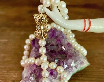 Cultured Pearl Necklace Adorned with a 14K Gold and Diamond Bow Clasp ~ Wedding Gift ~ Anniversary Gift ~ Vintage Cultured Pearl Necklace
