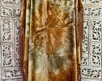Antique Victorian Tie-Dyed Velvet Shawl ~ Reversible with Multicolor Fringe ~ Stunning Velvet Fringe Piano Shawl