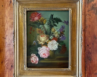 Victorian Floral Oil Painting: Framed Antique Flower Bouquet, Signed Saint