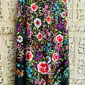 Antique Embroidered Silk Piano Shawl with Multi Colored Flowers ~ Manton de Manilla ~ Black Silk Flamenco Shawl with Embroidered Flowers