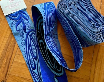 Vintage French Jacquard Ribbon ~ Blue Paisley Flocked Trim ~ Renaissance Ribbons Made in France