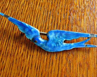 Victorian Blue Enamel Swallow Brooch: Antique Sterling Silver Pin
