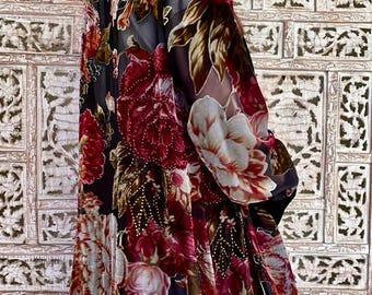 Vintage Hand-Beaded Silk Velvet Duster ~ Floral Burnout Velvet Kimono Jacket ~  Bohemian Statement Layer ~ Velvet Beaded Opera Coat