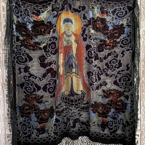 Golden Buddha Beaded Silk Velvet Shawl with Fringe ~ Silk Velvet Piano Shawl ~ Antique Tibetan Buddha Shawl