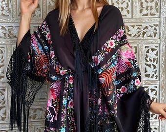 Stunning Silk Vintage Piano Shawl Duster ~ Embroidered Silk Floral and Peacock Piano Shawl Coat ~ Manton Silk Embroidered Peacock Jacket