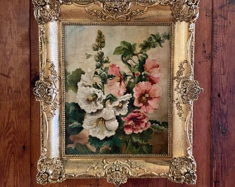 Victorian Floral Oil Painting ~ Larkspur Oil Painting ~ Delphinium Antique Oil Painting ~ Oil Painting of Flowers Vintage