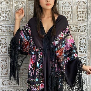 Stunning Silk Vintage Piano Shawl Duster ~ Embroidered Silk Floral and Peacock Piano Shawl Coat ~ Manton Silk Embroidered Peacock Jacket