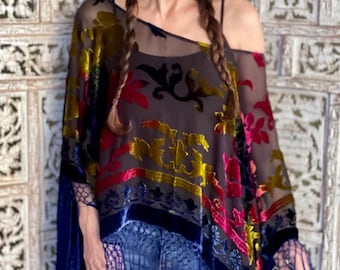 Vintage Silk Velvet Burnout Poncho ~ One-of-a-Kind Bohemian Shawl Top with Fringe