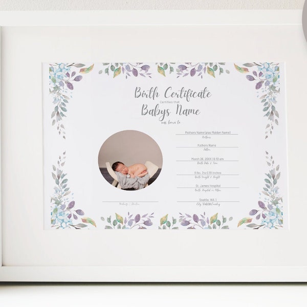 Printable Birth Certificate for a Newborn Boy - Edit yourself; Baby Footprint, Baby Photo, Custom Newborn Gift, CANVA TEMPLATE, BC2B