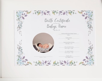 Printable Birth Certificate for a Newborn Boy - Edit yourself; Baby Footprint, Baby Photo, Custom Newborn Gift, CANVA TEMPLATE, BC2B