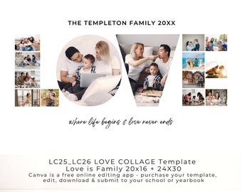 Plantilla Canva de collage de fotos de amor familiar editable - 14 fotos - Diseño de collage de 16x20 y 24x30, Navidad-Bebé-Cumpleaños-Día de la Madre, LC25