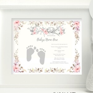 Canva sjabloon geboorteakte, meisje afdrukbare bloemen geboorteakte met foto of voetafdrukken, personaliseren, aangepaste pasgeboren cadeau, BC3G
