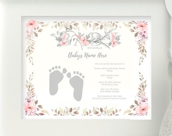 Canva Template Birth Certificate Girl Printable Floral Birth - Etsy