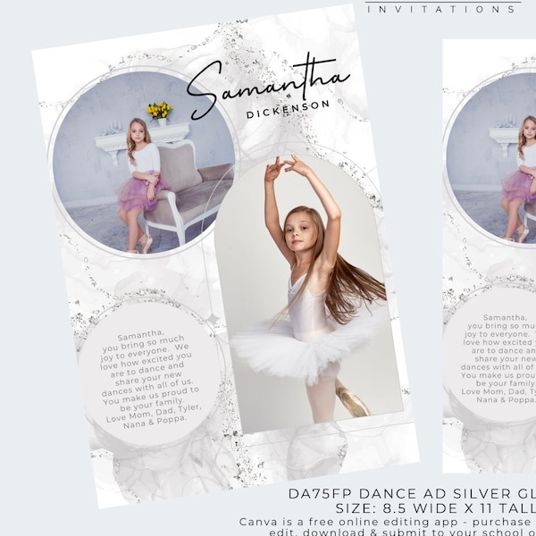 Dance Recital Ad Full Page Template - Silver Glitter Dance Recital Program Ad, Editable Photo Collage, Editable Canva Template, DA75FP