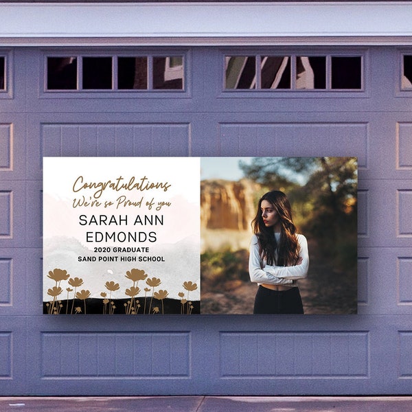Floral Graduation Banner, Yard Banner, Yard Sign, Canva Template, Class of 2020, Personalize, Photo Party Sign, 2x4 , Horizontal, GB3H