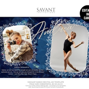 Puede incluir: Una plantilla digital azul y blanca para un anuncio de recital de danza. La plantilla presenta dos marcadores de posición para fotos, uno con una niña sosteniendo una cámara y el otro con una niña con un leotardo negro bailando. El texto "Andrea" está escrito en cursiva en la parte superior de la plantilla. El texto "DAD4HP DANCE RECITAL AD TEMPLATE PAGE SIZE HORIZONTAL 8.5 W x5.5 H" está en la parte inferior de la plantilla.