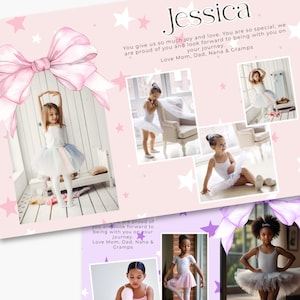 May include: A pink and purple dance recital invitation template with a large bow and photos of young dancers. The text reads "Jessica" and includes a message from family. The design is available for editing with Canva.