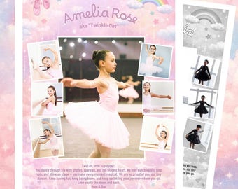 Modello di annuncio per il programma di un saggio di danza • Omaggio al balletto a pagina intera • Layout Canva modificabile • Libro di fiabe dai colori pastello • Collage di foto stampabile 01RDA