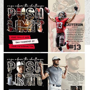 May include: A yearbook sports tribute ad template with the text "Push Your Limit" and player photos. The ad features a football player in a red uniform and a baseball player in a gray uniform. The text "Your skills are only exceeded by your determination" is also included.