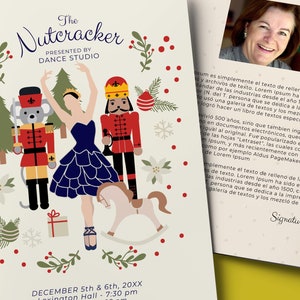 May include: A colourful invitation for a Nutcracker ballet recital. The invitation features a whimsical illustration of a ballerina dancing with a Nutcracker soldier and a mouse king. The text reads "The Nutcracker" and "Presented by Dance Studio". The date and time of the recital are listed as December 5th & 6th, 20XX at 7:30 PM. The location is Lexington Hall. The invitation also includes the website address www.danceschool.com.
