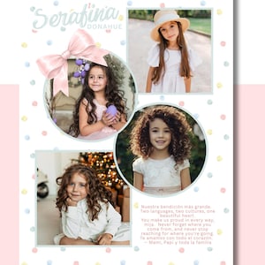 Puede incluir: Una plantilla de anuncio de anuario en rosa pastel y blanco con lunares. El anuncio presenta tres fotos de niñas, un gran lazo rosa y el texto "Serafina" y "Editable in Canva."