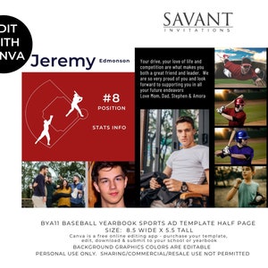 Baseball Yearbook Ad Template, Sports Program Ad, editable in CANVA, 8.5x5.5 Photo Collage, BYA11