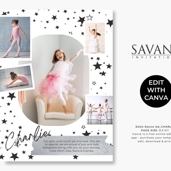 Dance Template - Yearbook Tribute Ad - Dance Recital Program Ad - Charlie - Full Page - Fun creative design editable in Canva - DA24