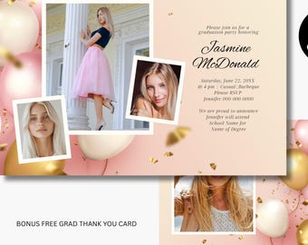 Invitación de graduación con globos rosa dorado, plantilla de tarjeta fotográfica de 5x7 con tarjeta de agradecimiento gratuita (descarga digital).