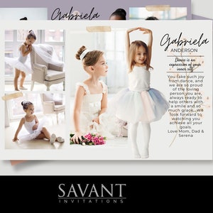 Pode incluir: Um anúncio de recital de dança com uma menina em um tutu branco e sapatilhas de balé rosa. O texto diz "Gabriela Anderson A dança é uma expressão do seu eu interior. Você tira tanta alegria da dança, e estamos tão orgulhosos da pessoa amorosa que você é, sempre pronta para ajudar os outros com um sorriso e tanta graça. Mal podemos esperar para ver você alcançar todos os seus objetivos. Amor Mamãe, Papai & Serena."